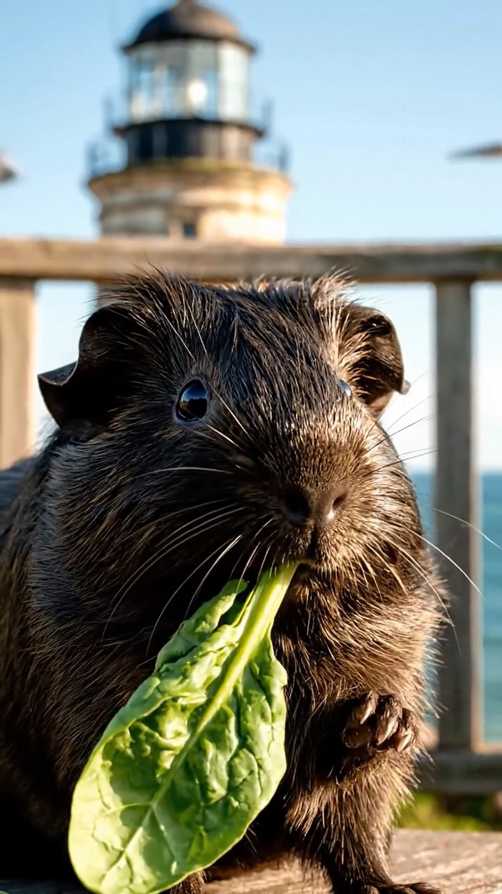 1851. Photorealistic image of 1 smooth-haired American guinea pig with sable fur, chewing on spinach bunches, atop a seaside lighthouse balcony with gulls.