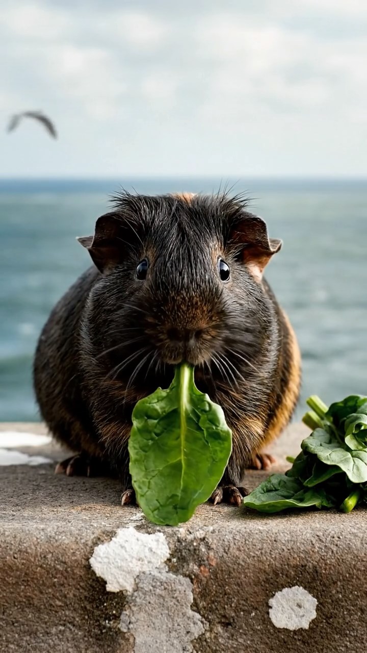 1851. Photorealistic image of 1 smooth-haired American guinea pig with sable fur, chewing on spinach bunches, atop a seaside lighthouse balcony with gulls.