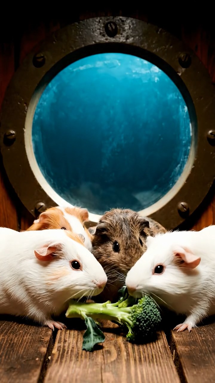 1852. Realistic depiction of 4 smooth-haired Abyssinian guinea pigs in white, orange, and gray colors, sharing broccoli stems, through a deep-sea vessel window.