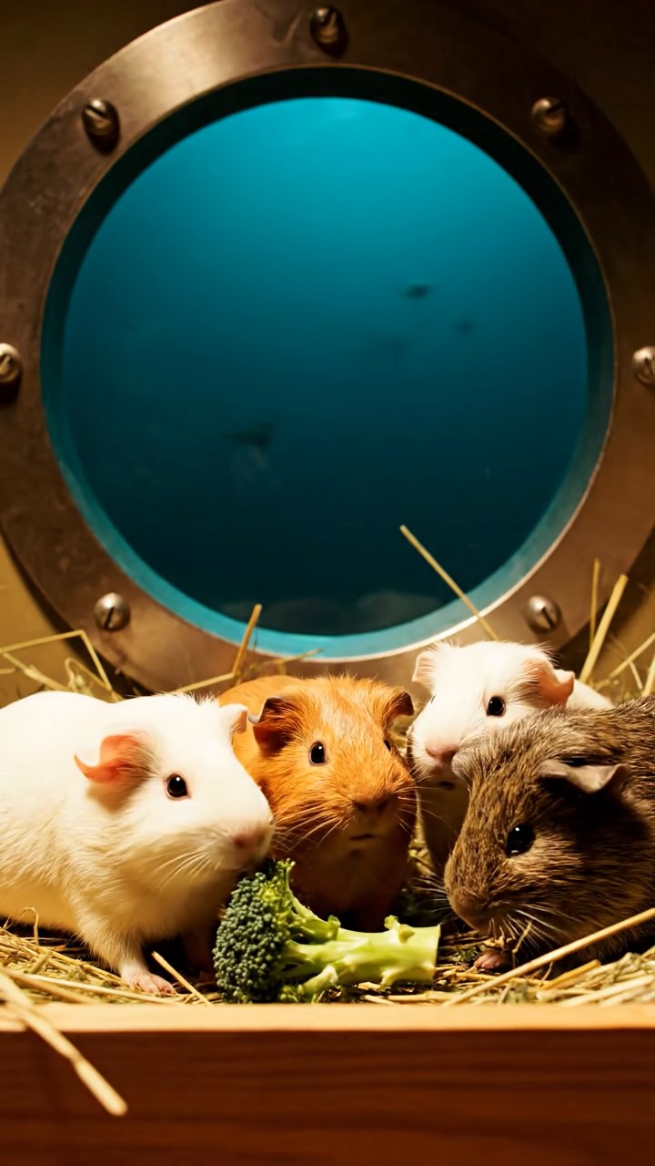 1852. Realistic depiction of 4 smooth-haired Abyssinian guinea pigs in white, orange, and gray colors, sharing broccoli stems, through a deep-sea vessel window.