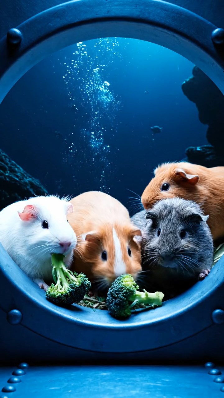 1852. Realistic depiction of 4 smooth-haired Abyssinian guinea pigs in white, orange, and gray colors, sharing broccoli stems, through a deep-sea vessel window.