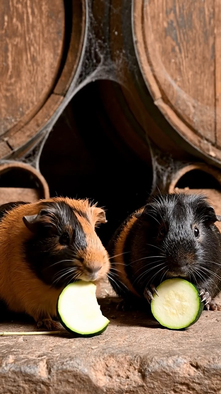 1853. Detailed scene of 2 smooth-haired Peruvian guinea pigs with black and brown fur, munching on zucchini rounds, among cellar wine casks with cobwebs.