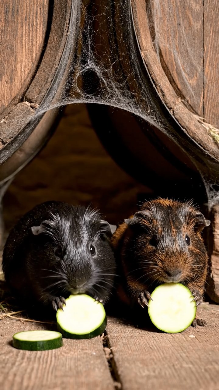 1853. Detailed scene of 2 smooth-haired Peruvian guinea pigs with black and brown fur, munching on zucchini rounds, among cellar wine casks with cobwebs.