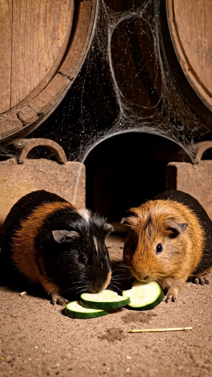 1853. Detailed scene of 2 smooth-haired Peruvian guinea pigs with black and brown fur, munching on zucchini rounds, among cellar wine casks with cobwebs.