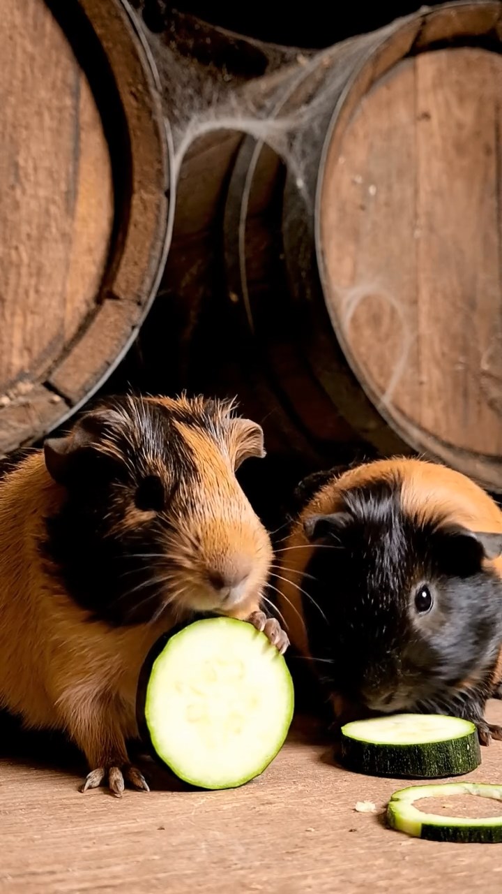 1853. Detailed scene of 2 smooth-haired Peruvian guinea pigs with black and brown fur, munching on zucchini rounds, among cellar wine casks with cobwebs.