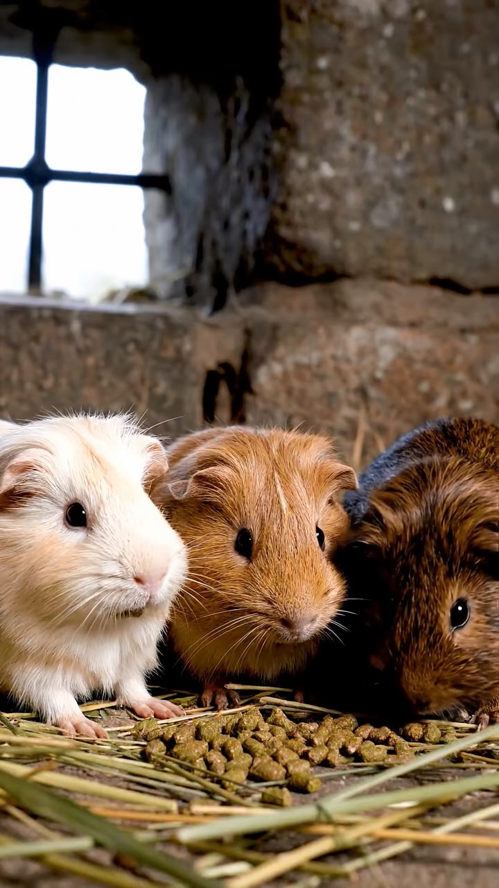 1854. Photorealistic photo of 3 smooth-haired Silkie guinea pigs featuring cream, fawn, and chocolate coats, eating alfalfa pellets, in a stone fortress cell.