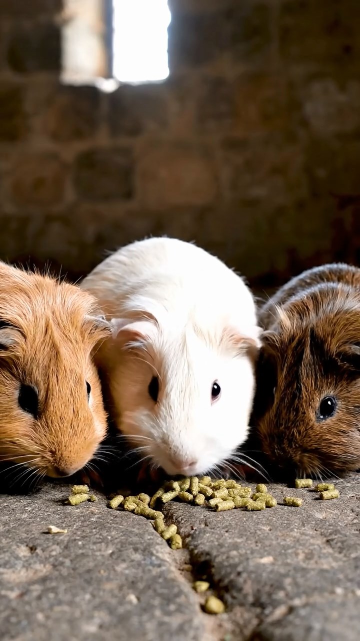 1854. Photorealistic photo of 3 smooth-haired Silkie guinea pigs featuring cream, fawn, and chocolate coats, eating alfalfa pellets, in a stone fortress cell.