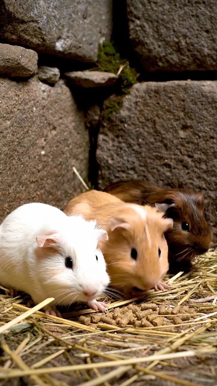1854. Photorealistic photo of 3 smooth-haired Silkie guinea pigs featuring cream, fawn, and chocolate coats, eating alfalfa pellets, in a stone fortress cell.