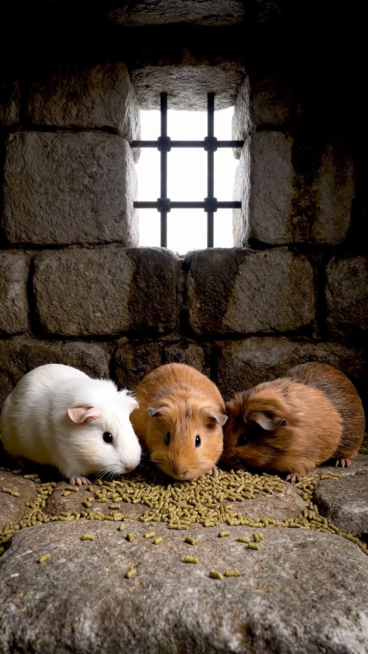 1854. Photorealistic photo of 3 smooth-haired Silkie guinea pigs featuring cream, fawn, and chocolate coats, eating alfalfa pellets, in a stone fortress cell.