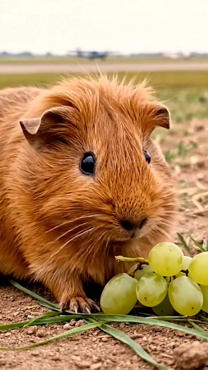 1855. Realistic image of 1 smooth-haired Teddy guinea pig with cinnamon fur, nibbling on grape clusters, near an airfield runway with planes.
