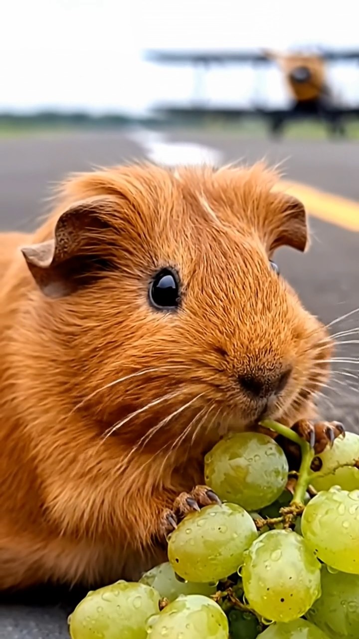 1855. Realistic image of 1 smooth-haired Teddy guinea pig with cinnamon fur, nibbling on grape clusters, near an airfield runway with planes.