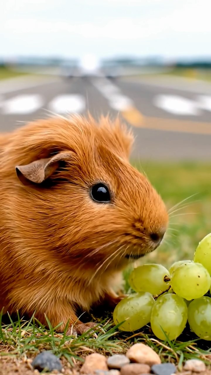 1855. Realistic image of 1 smooth-haired Teddy guinea pig with cinnamon fur, nibbling on grape clusters, near an airfield runway with planes.