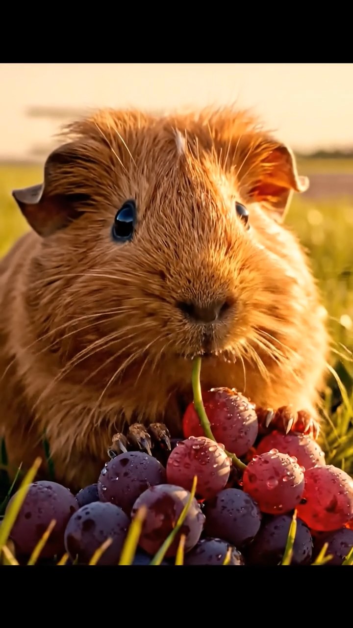 1855. Realistic image of 1 smooth-haired Teddy guinea pig with cinnamon fur, nibbling on grape clusters, near an airfield runway with planes.