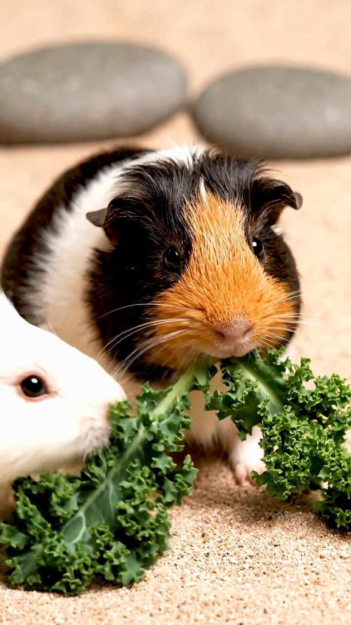 1856. Highly detailed view of 5 smooth-haired Texel guinea pigs with sable, white, and orange fur, chewing on kale stems, in a minimalist sand garden with rocks.