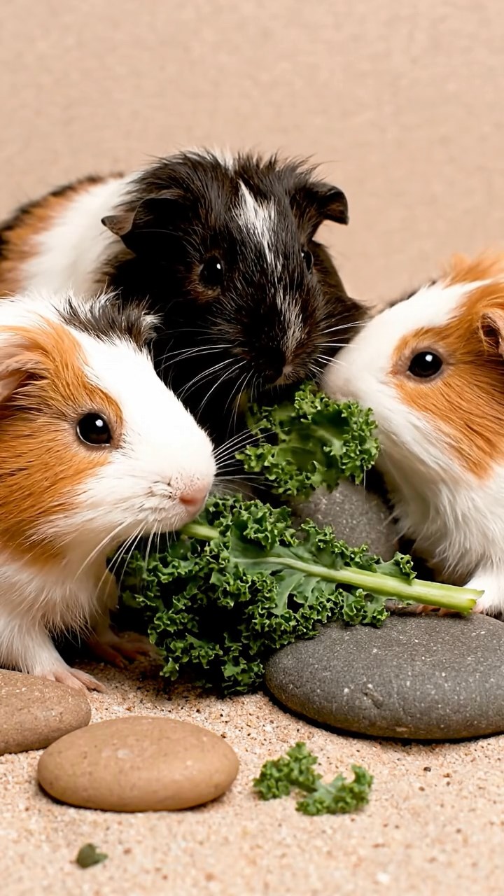 1856. Highly detailed view of 5 smooth-haired Texel guinea pigs with sable, white, and orange fur, chewing on kale stems, in a minimalist sand garden with rocks.