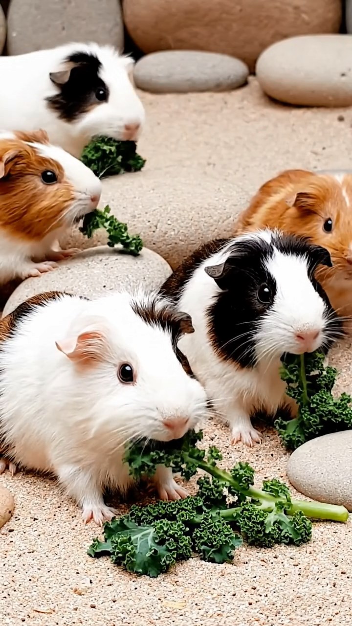 1856. Highly detailed view of 5 smooth-haired Texel guinea pigs with sable, white, and orange fur, chewing on kale stems, in a minimalist sand garden with rocks.
