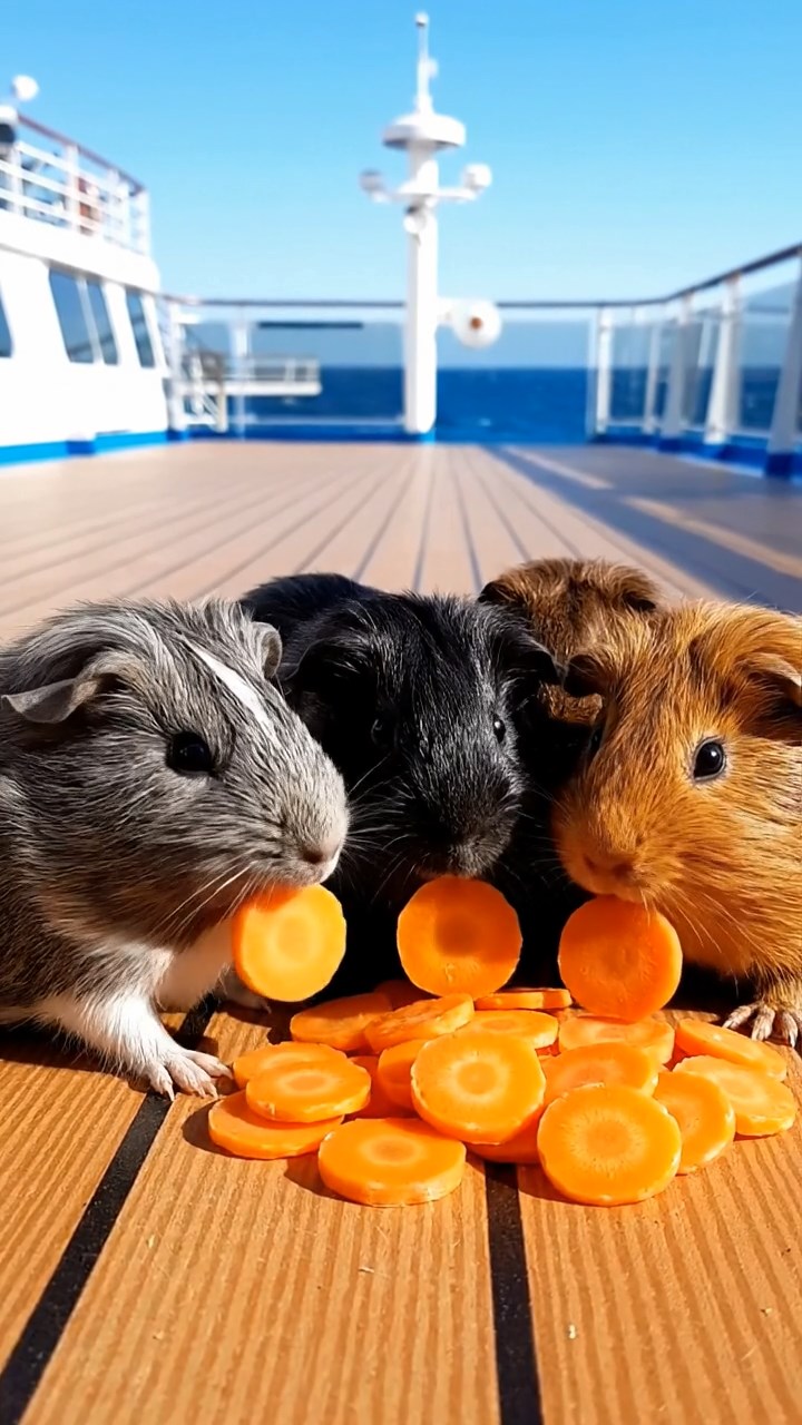 1857. Photorealistic scene of 4 smooth-haired Rex guinea pigs in gray, black, and brown colors, sharing carrot coins, on a cruise vessel promenade with sea views.