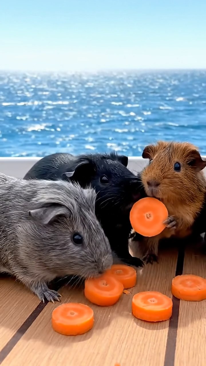 1857. Photorealistic scene of 4 smooth-haired Rex guinea pigs in gray, black, and brown colors, sharing carrot coins, on a cruise vessel promenade with sea views.