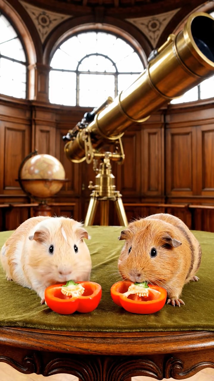 1858. Realistic depiction of 2 smooth-haired Coronet guinea pigs with cream and fawn fur, munching on bell pepper halves, inside an observatory with telescopes.