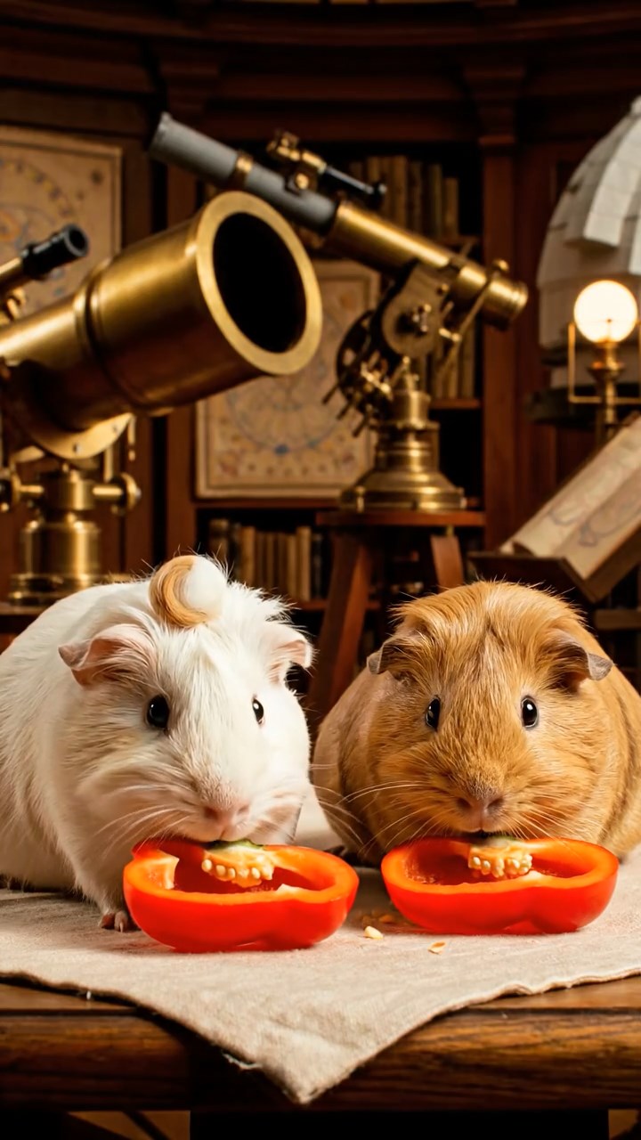 1858. Realistic depiction of 2 smooth-haired Coronet guinea pigs with cream and fawn fur, munching on bell pepper halves, inside an observatory with telescopes.