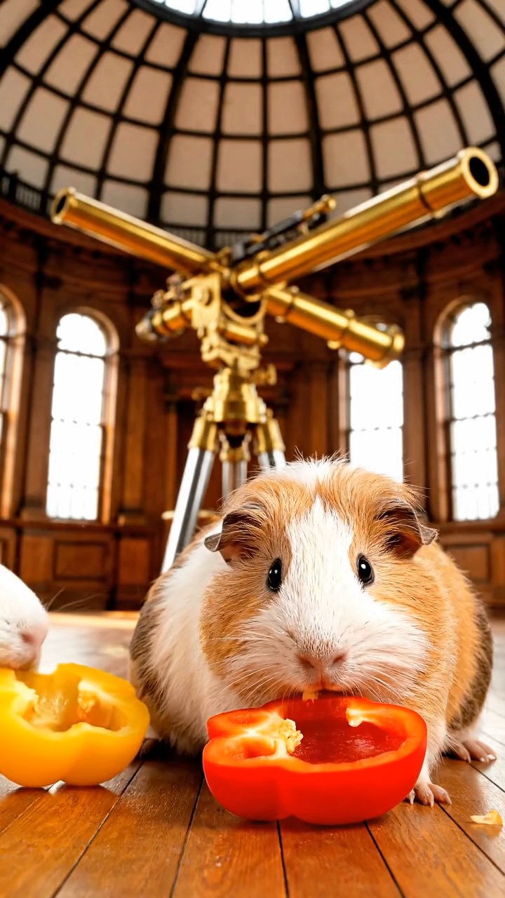 1858. Realistic depiction of 2 smooth-haired Coronet guinea pigs with cream and fawn fur, munching on bell pepper halves, inside an observatory with telescopes.