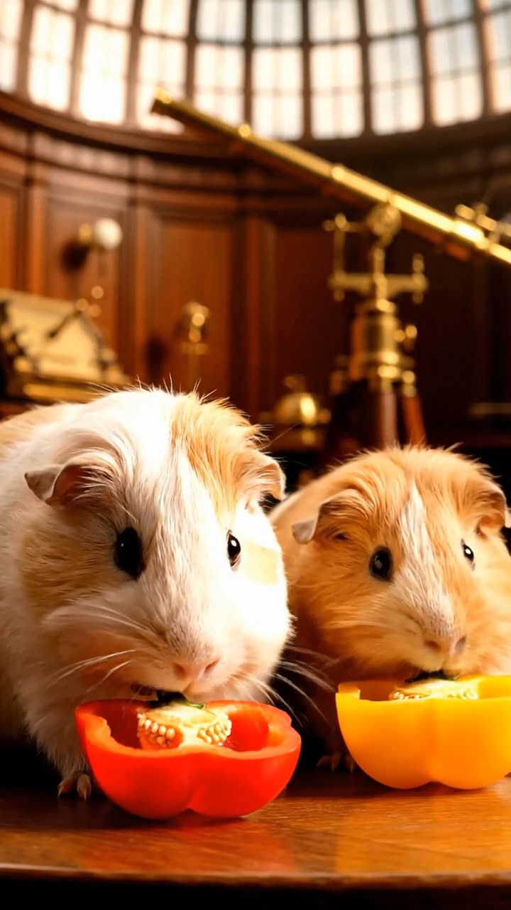 1858. Realistic depiction of 2 smooth-haired Coronet guinea pigs with cream and fawn fur, munching on bell pepper halves, inside an observatory with telescopes.