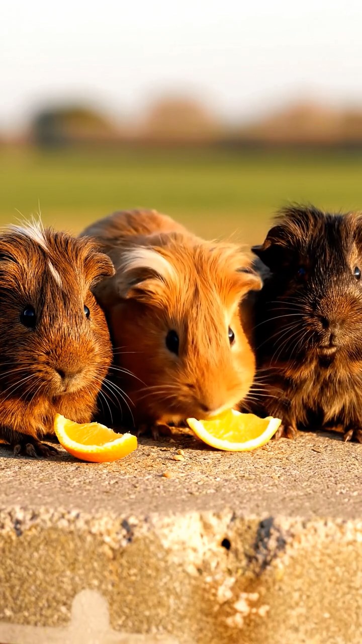 1859. Detailed photo of 3 smooth-haired White Crested guinea pigs featuring chocolate, cinnamon, and sable coats, eating orange wedges, atop a farm storage silo.