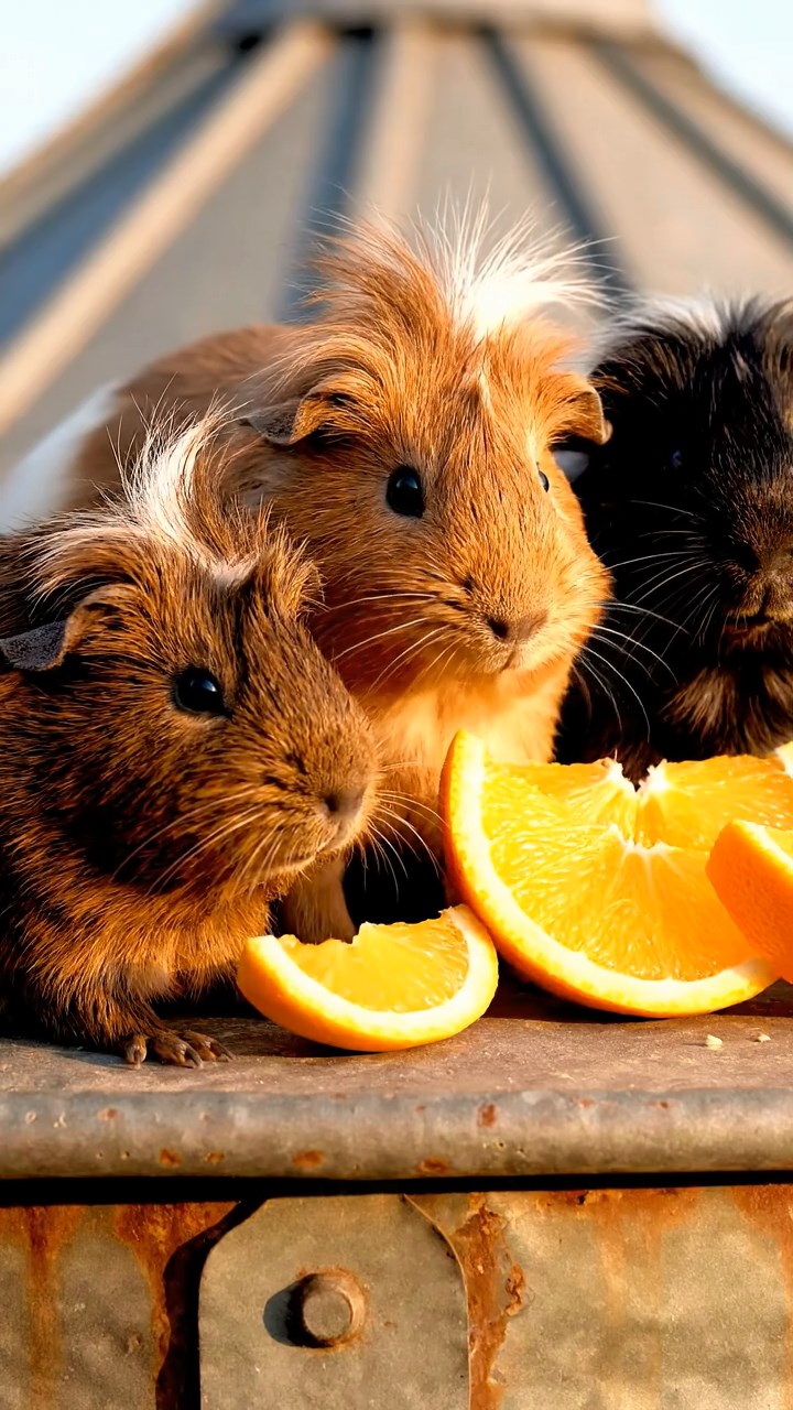 1859. Detailed photo of 3 smooth-haired White Crested guinea pigs featuring chocolate, cinnamon, and sable coats, eating orange wedges, atop a farm storage silo.