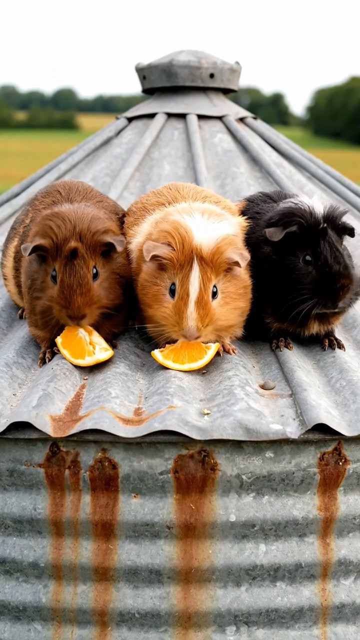 1859. Detailed photo of 3 smooth-haired White Crested guinea pigs featuring chocolate, cinnamon, and sable coats, eating orange wedges, atop a farm storage silo.