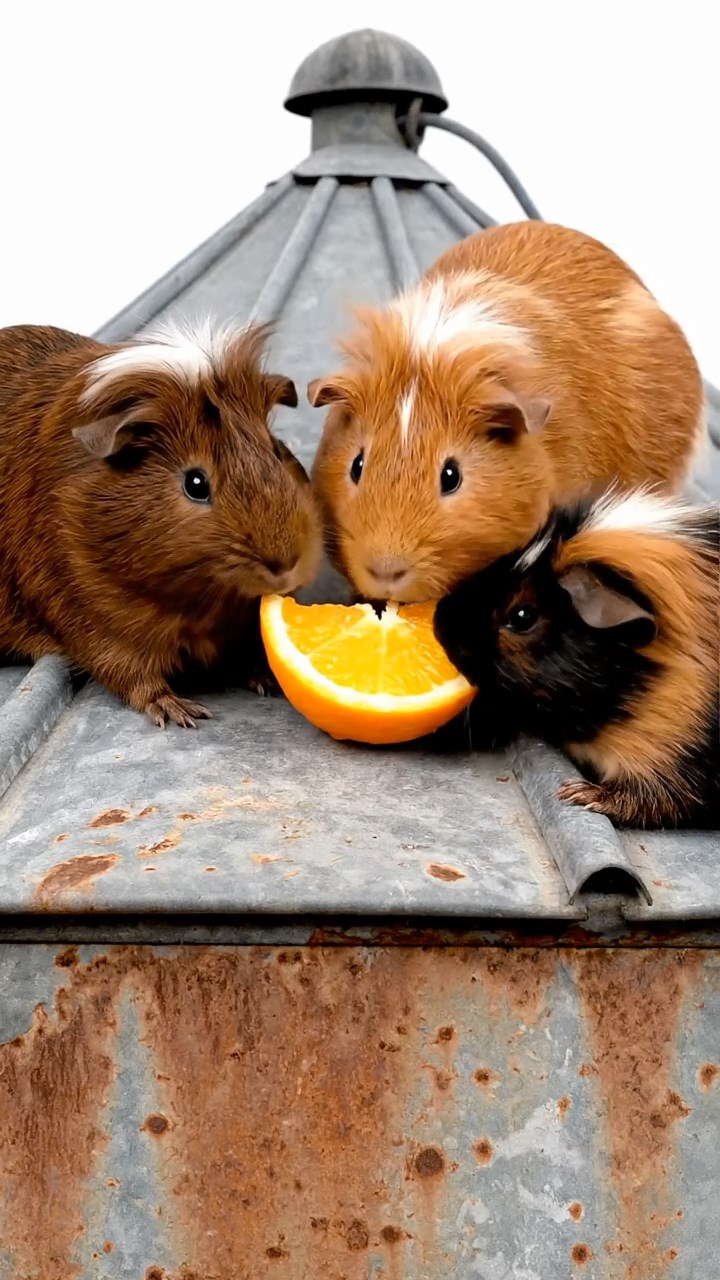 1859. Detailed photo of 3 smooth-haired White Crested guinea pigs featuring chocolate, cinnamon, and sable coats, eating orange wedges, atop a farm storage silo.