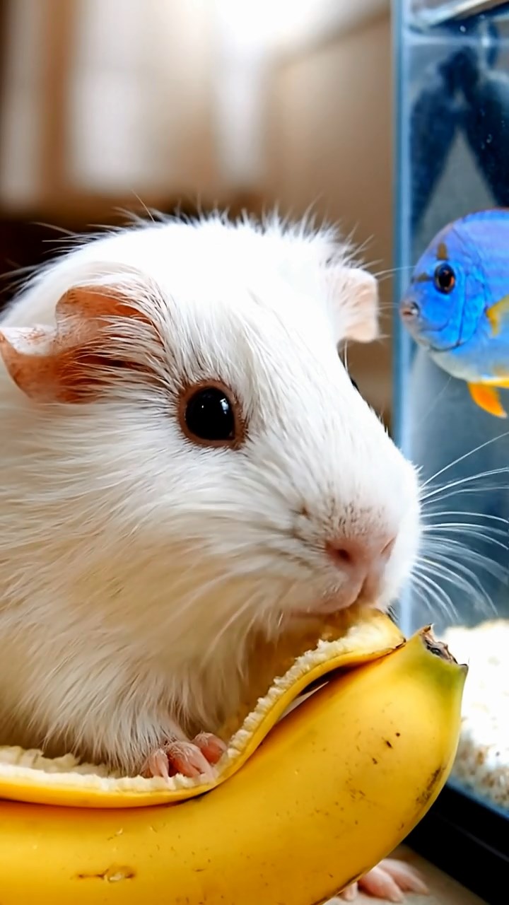 1860. Photorealistic image of 1 smooth-haired Skinny guinea pig with white fur, nibbling on banana skins, beside a large aquarium tank with tropical fish.