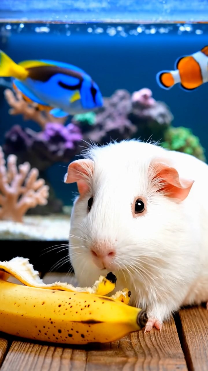 1860. Photorealistic image of 1 smooth-haired Skinny guinea pig with white fur, nibbling on banana skins, beside a large aquarium tank with tropical fish.