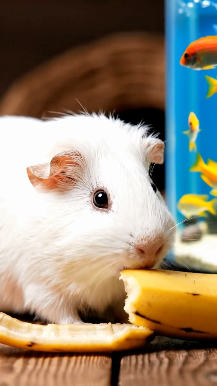 1860. Photorealistic image of 1 smooth-haired Skinny guinea pig with white fur, nibbling on banana skins, beside a large aquarium tank with tropical fish.
