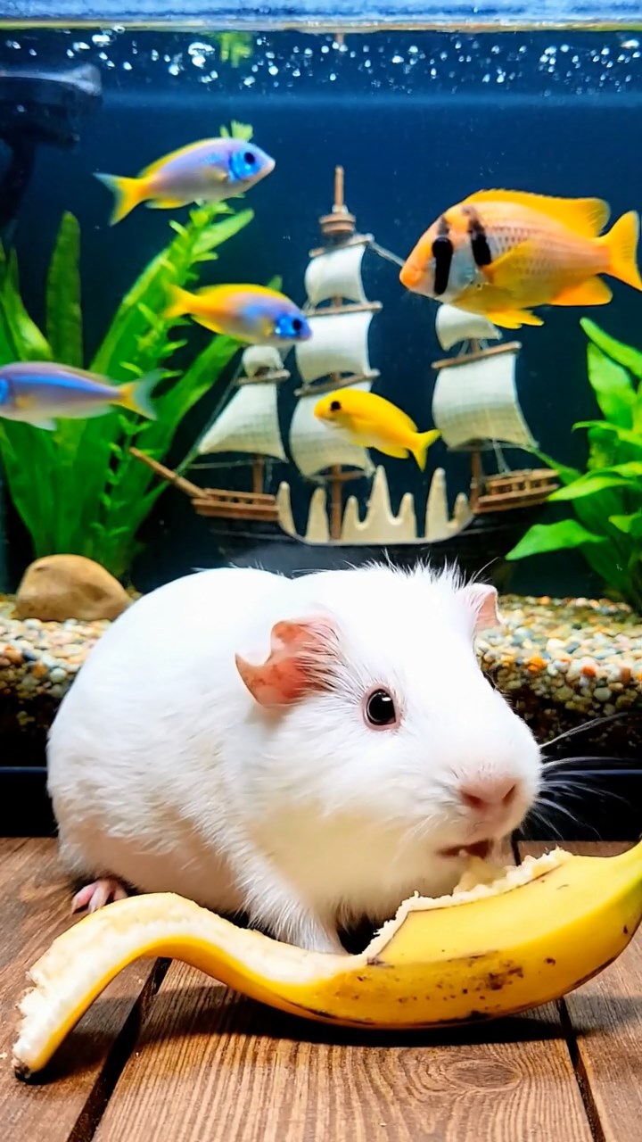 1860. Photorealistic image of 1 smooth-haired Skinny guinea pig with white fur, nibbling on banana skins, beside a large aquarium tank with tropical fish.