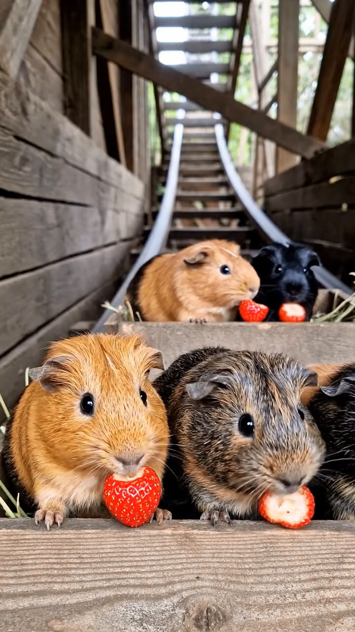 1861. Realistic scene of 4 smooth-haired American guinea pigs with orange, gray, and black fur, chewing on strawberry hulls, in a thrill coaster loading bay.