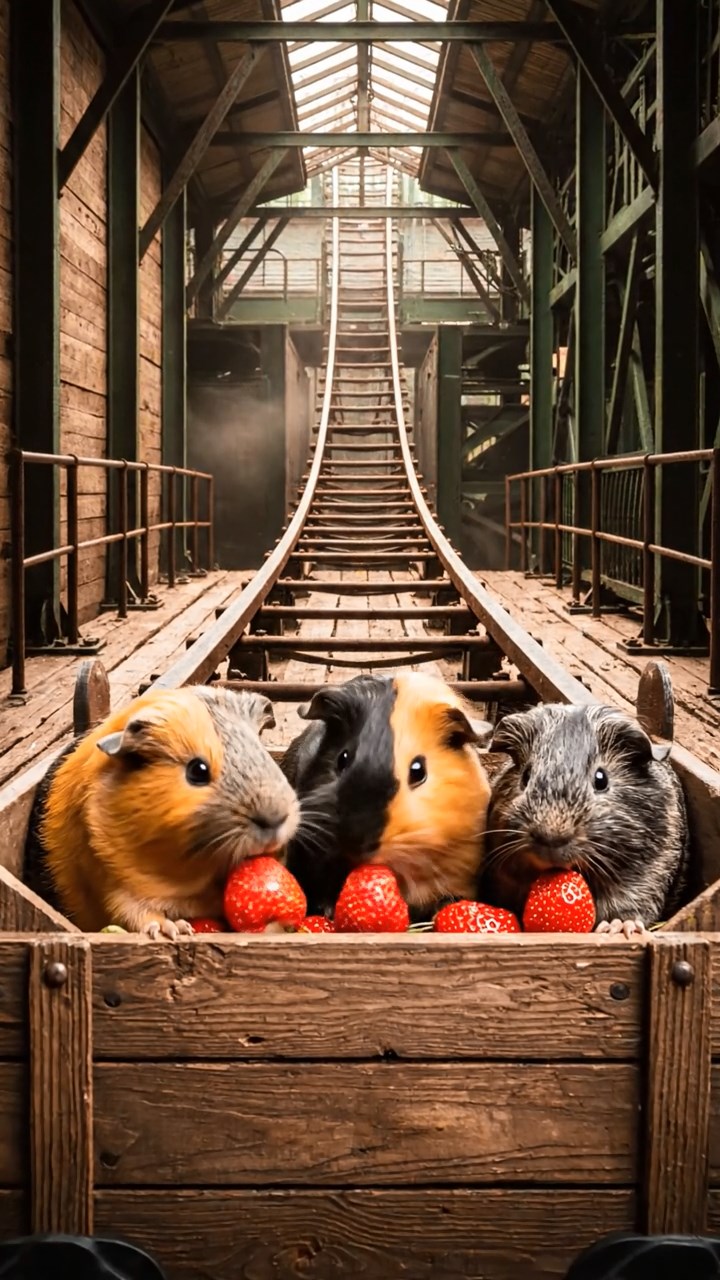 1861. Realistic scene of 4 smooth-haired American guinea pigs with orange, gray, and black fur, chewing on strawberry hulls, in a thrill coaster loading bay.