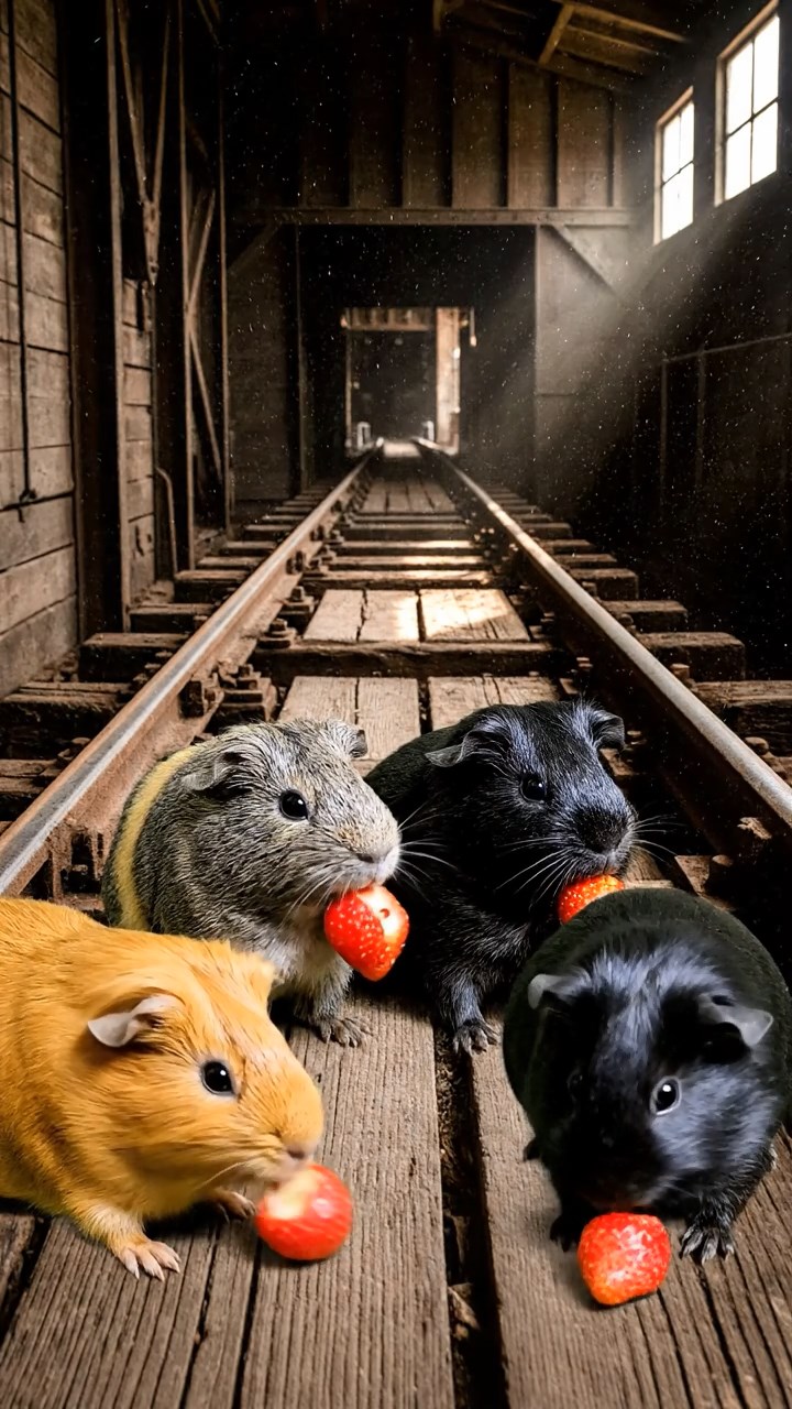 1861. Realistic scene of 4 smooth-haired American guinea pigs with orange, gray, and black fur, chewing on strawberry hulls, in a thrill coaster loading bay.