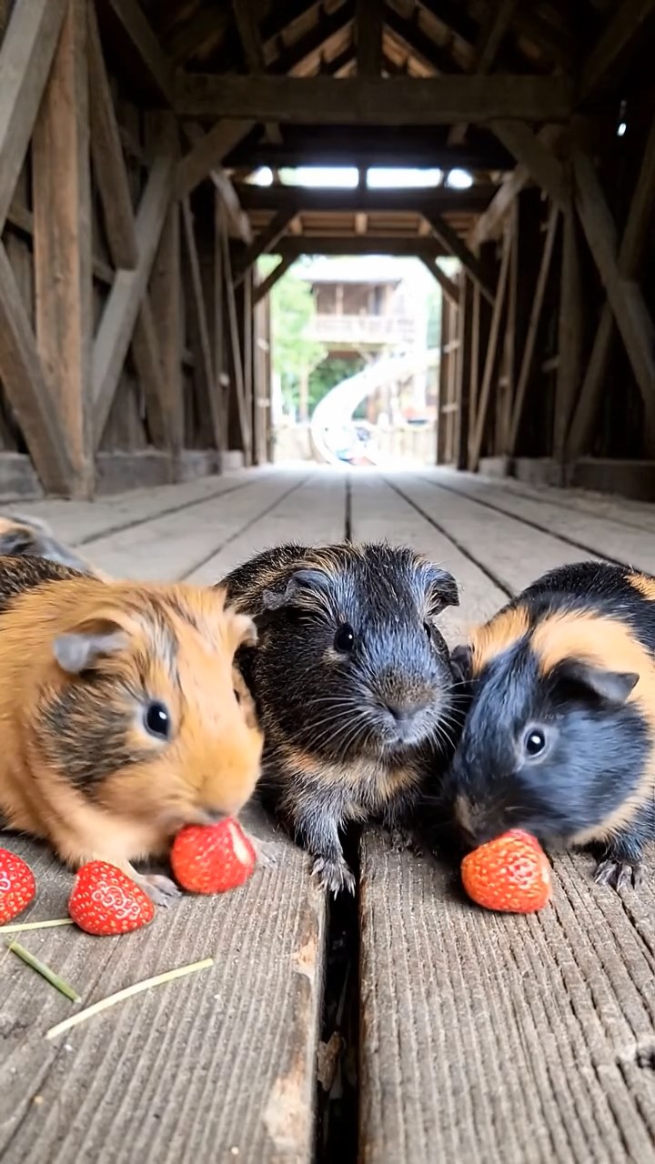1861. Realistic scene of 4 smooth-haired American guinea pigs with orange, gray, and black fur, chewing on strawberry hulls, in a thrill coaster loading bay.