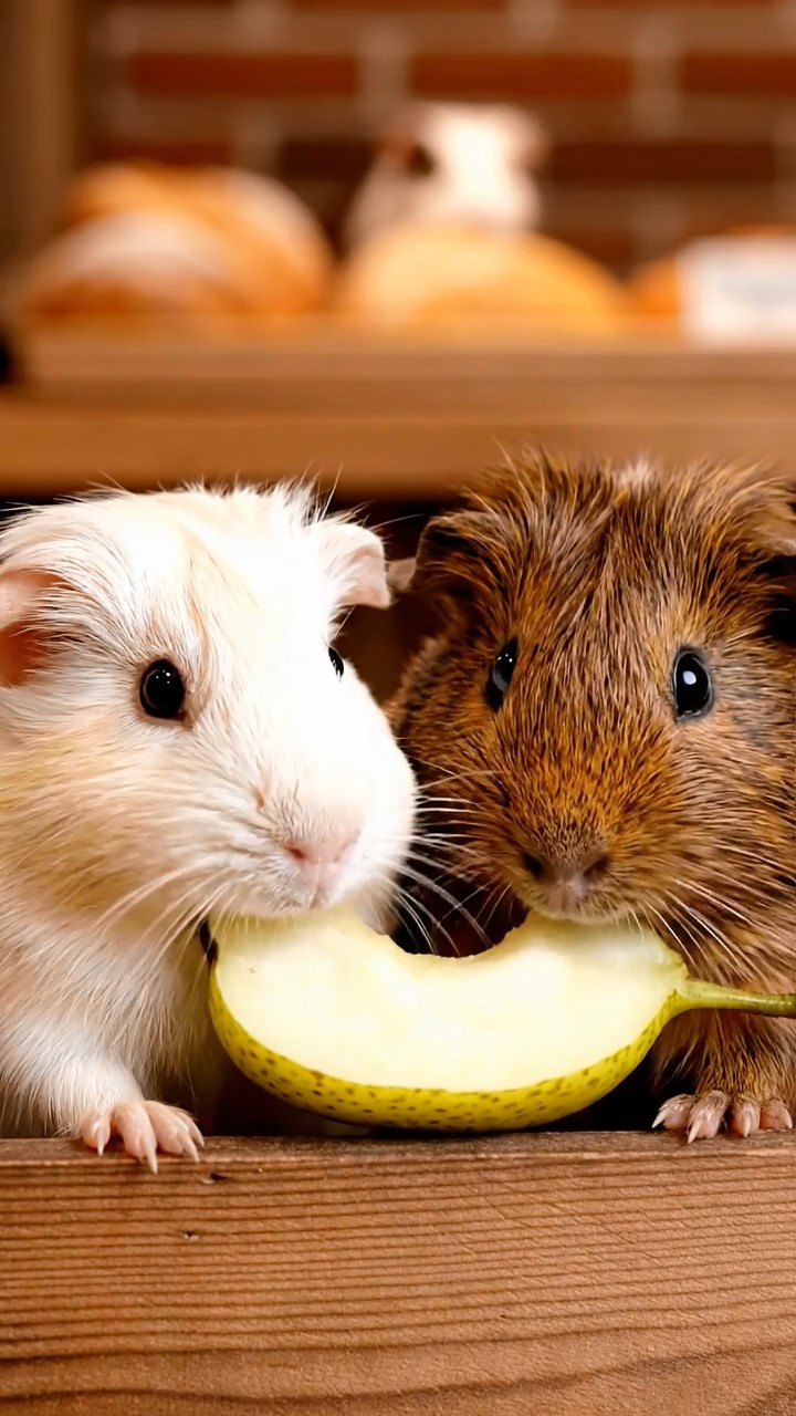 1862. Highly detailed view of 2 smooth-haired Abyssinian guinea pigs in brown and cream colors, sharing pear wedges, inside a bakery with fresh pastries.