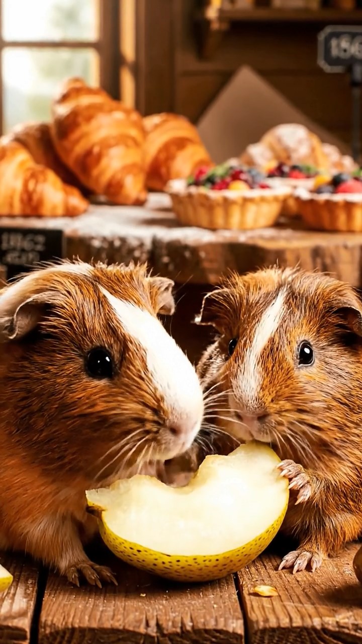 1862. Highly detailed view of 2 smooth-haired Abyssinian guinea pigs in brown and cream colors, sharing pear wedges, inside a bakery with fresh pastries.