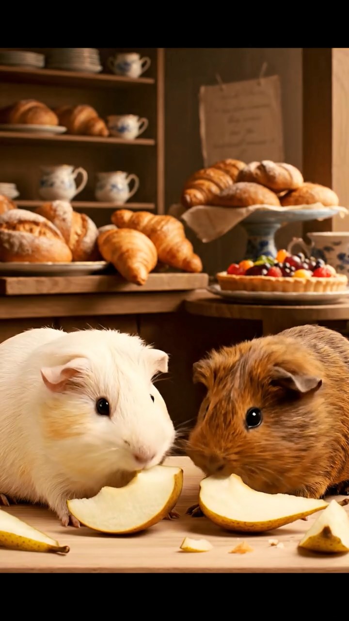 1862. Highly detailed view of 2 smooth-haired Abyssinian guinea pigs in brown and cream colors, sharing pear wedges, inside a bakery with fresh pastries.