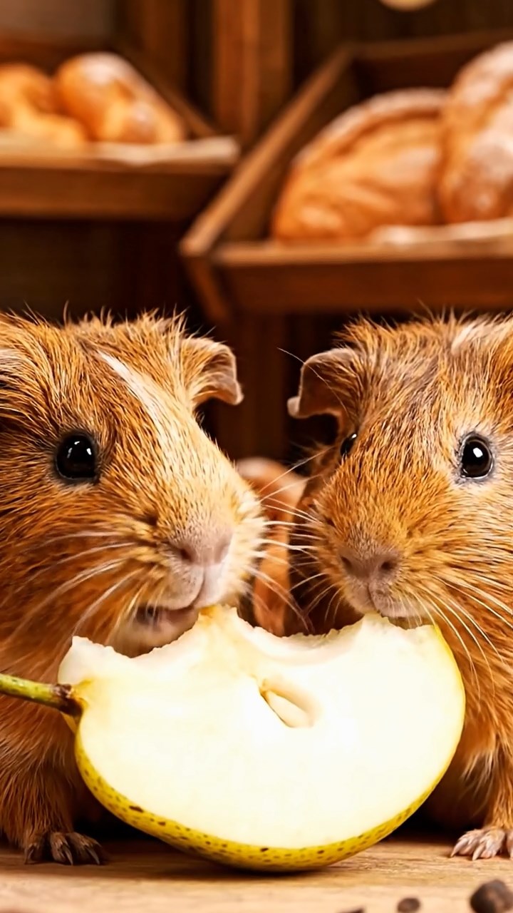 1862. Highly detailed view of 2 smooth-haired Abyssinian guinea pigs in brown and cream colors, sharing pear wedges, inside a bakery with fresh pastries.