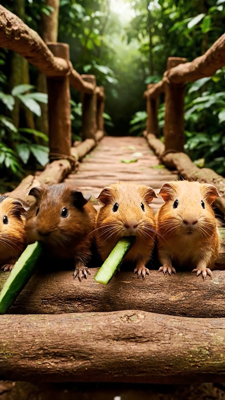 1863. Photorealistic photo of 5 smooth-haired Peruvian guinea pigs with fawn, chocolate, and cinnamon fur, munching on cucumber sticks, crossing a jungle footbridge.