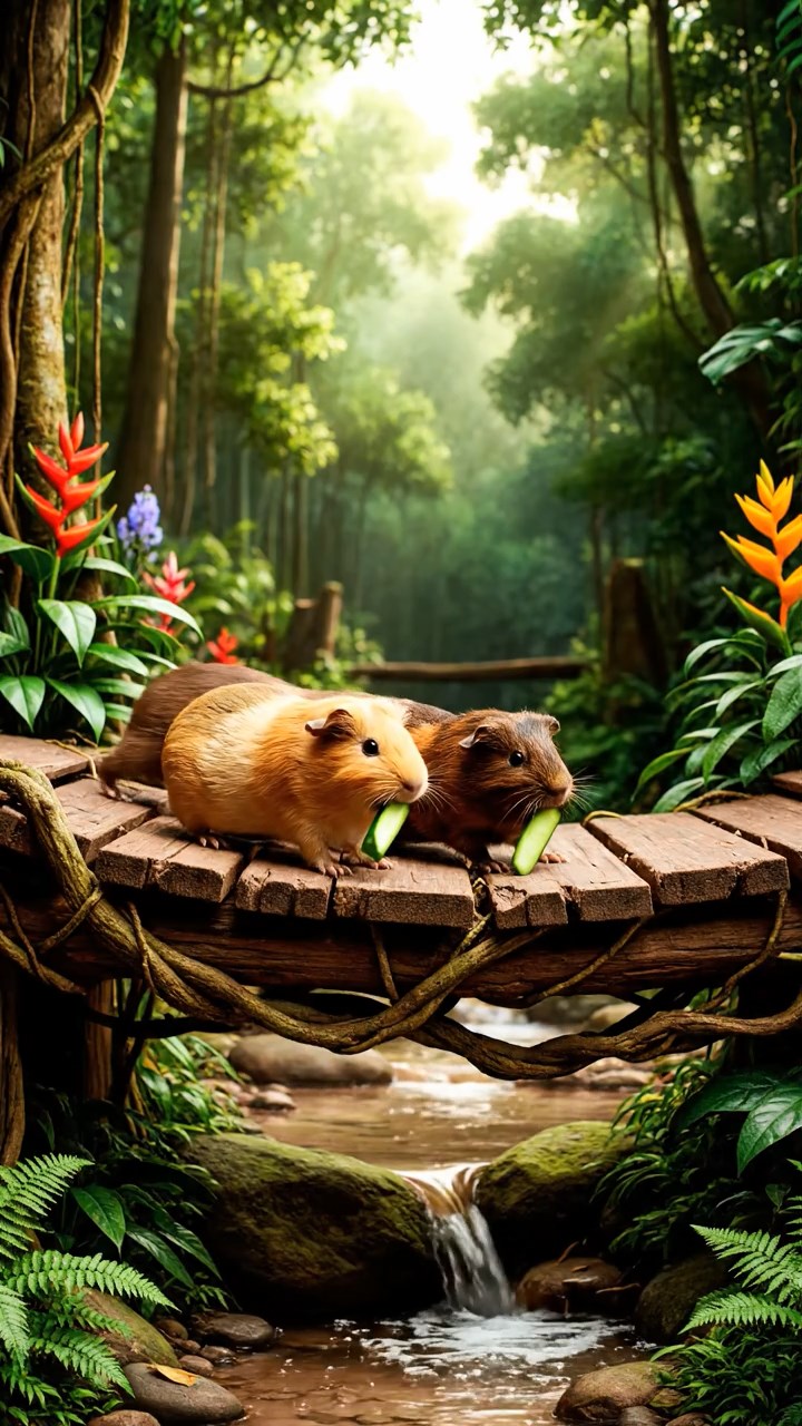 1863. Photorealistic photo of 5 smooth-haired Peruvian guinea pigs with fawn, chocolate, and cinnamon fur, munching on cucumber sticks, crossing a jungle footbridge.