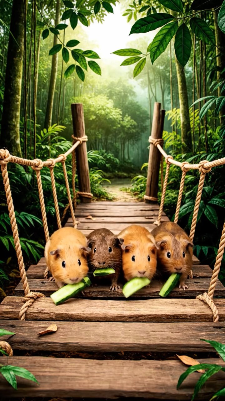 1863. Photorealistic photo of 5 smooth-haired Peruvian guinea pigs with fawn, chocolate, and cinnamon fur, munching on cucumber sticks, crossing a jungle footbridge.