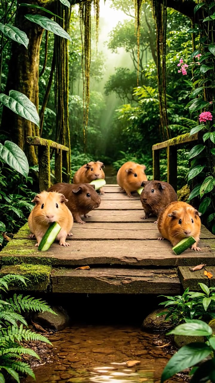 1863. Photorealistic photo of 5 smooth-haired Peruvian guinea pigs with fawn, chocolate, and cinnamon fur, munching on cucumber sticks, crossing a jungle footbridge.