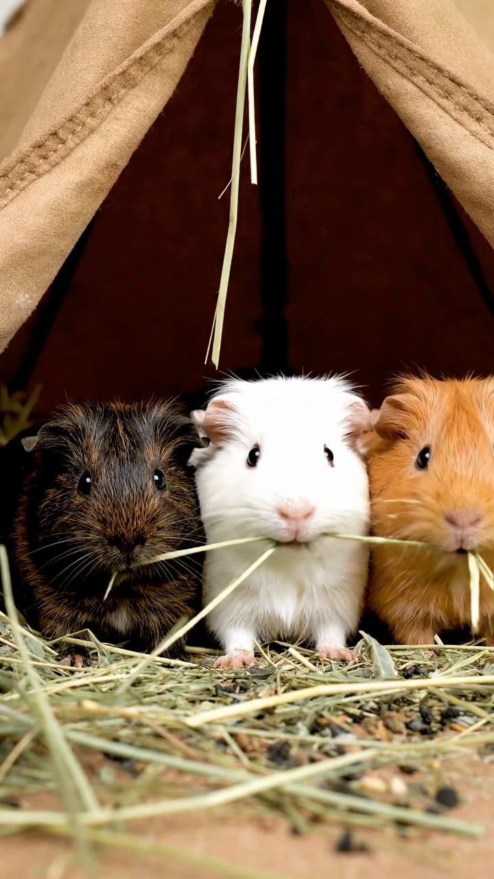 1864. Realistic depiction of 3 smooth-haired Silkie guinea pigs with sable, white, and orange fur, eating timothy hay strands, inside a safari tent interior.