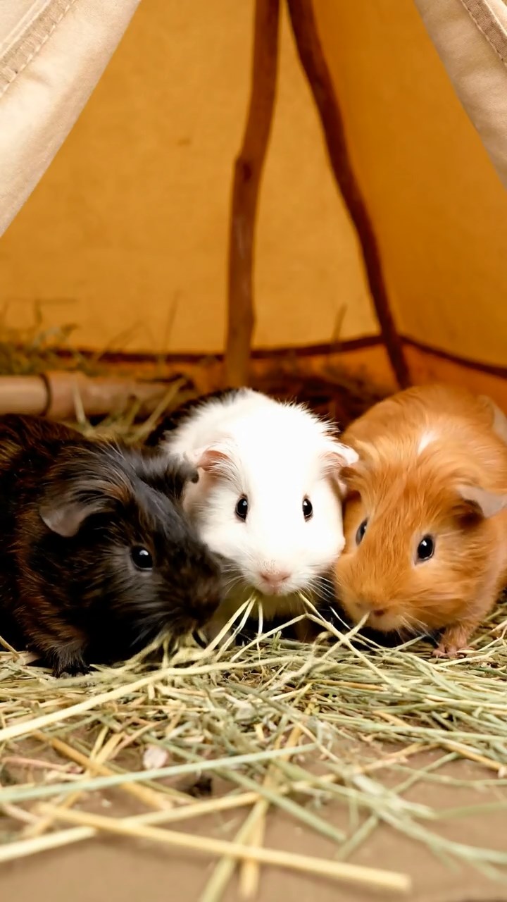 1864. Realistic depiction of 3 smooth-haired Silkie guinea pigs with sable, white, and orange fur, eating timothy hay strands, inside a safari tent interior.