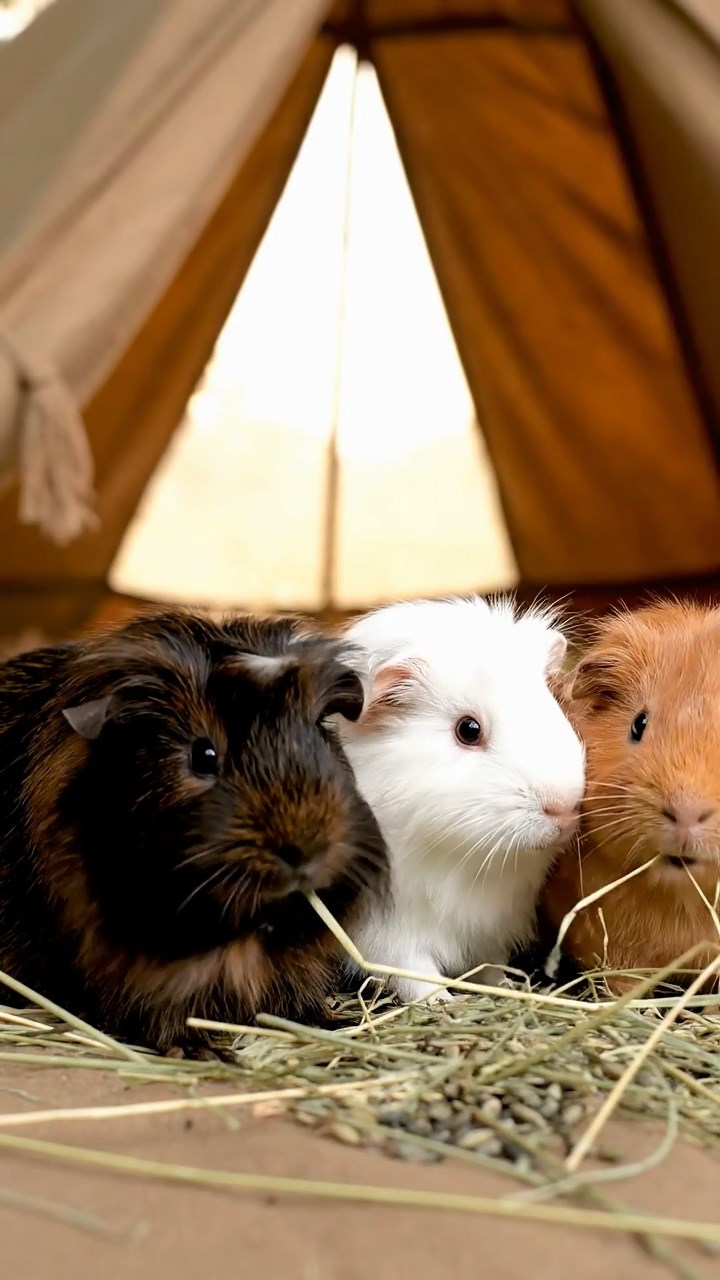 1864. Realistic depiction of 3 smooth-haired Silkie guinea pigs with sable, white, and orange fur, eating timothy hay strands, inside a safari tent interior.