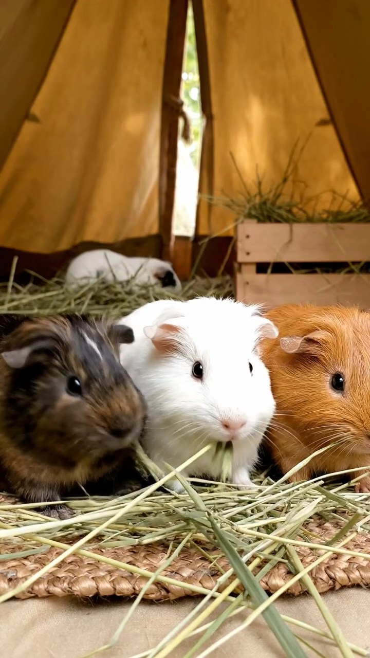 1864. Realistic depiction of 3 smooth-haired Silkie guinea pigs with sable, white, and orange fur, eating timothy hay strands, inside a safari tent interior.